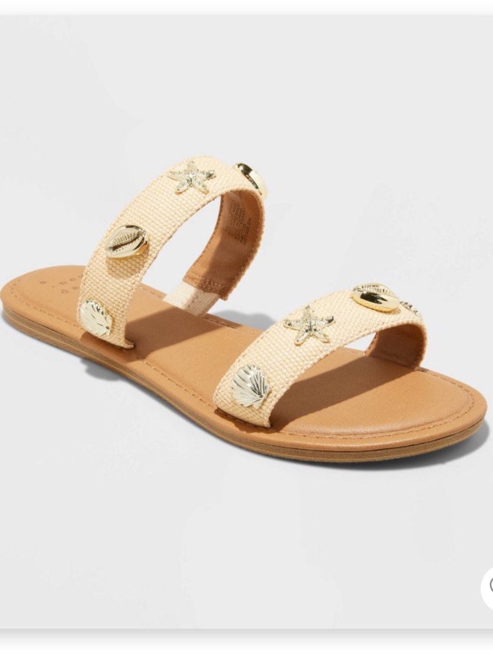 a new day Kier Tan Raffia Double-Strap Slides with Gold Shell Embellishments